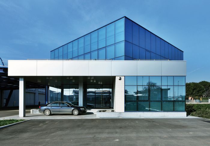 Continuous glass facade.