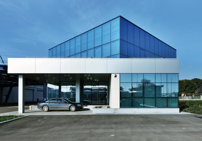 Continuous glass facade.